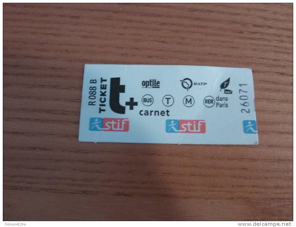 Ticket De Transport (métro, Bus, Train, Tramway) Stif PARIS(75) "carnet" (type R088B) - Europe