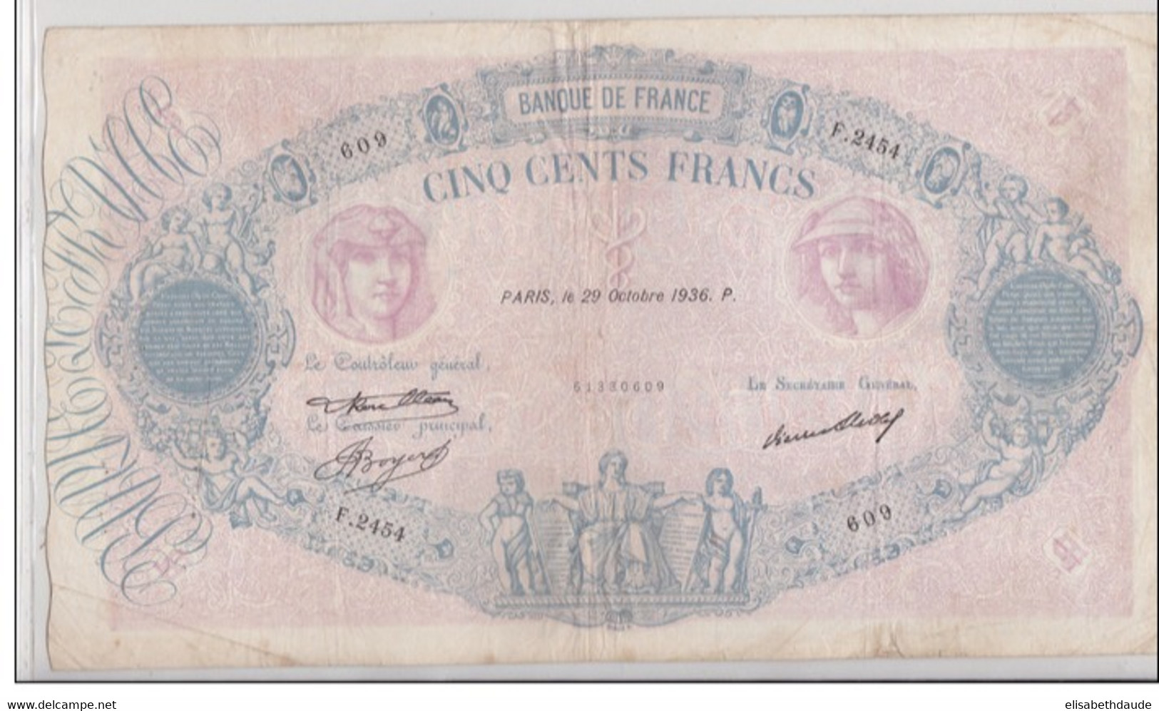 BLEU ET ROSE - 29/10/1936 - BILLET De 500 FRANCS -  PLIS  - NOMBREUX EPINGLAGES - 2 COUPURES De 3mm - TTB - 500 F 1888-1940 ''Bleu Et Rose''