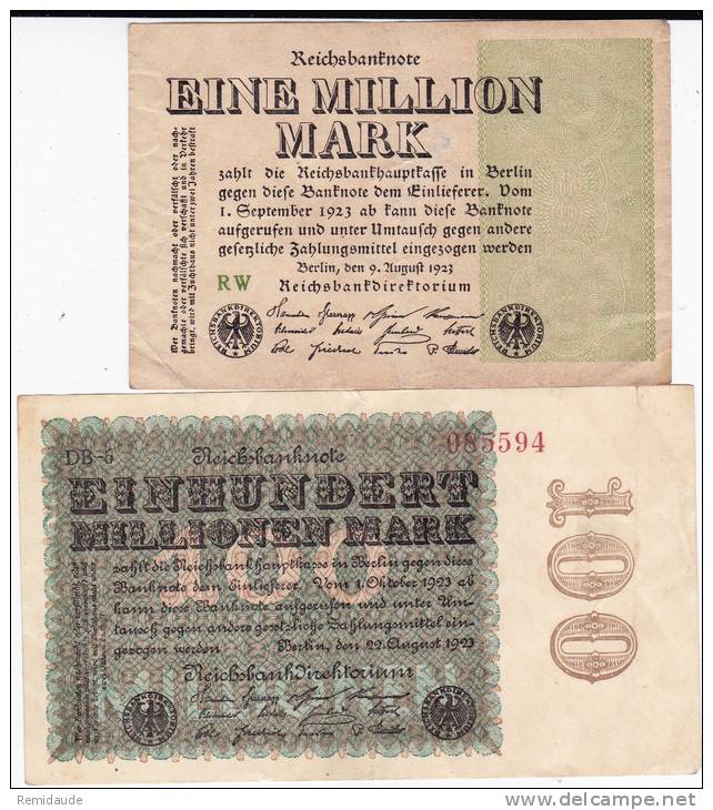 WEIMAR - 2 BILLETS D´INFLATION De 1923 IMPRIMES Sur Une Seule FACE - PLIES - Collections