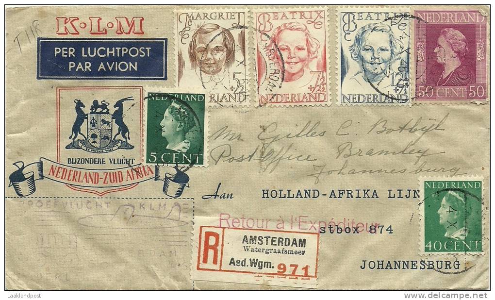 NETHERLANDS 1946 FIRST KLM FLIGHT  REG. COVER TO JOHANNESBURG 6-10-1946 - Andere (Lucht)