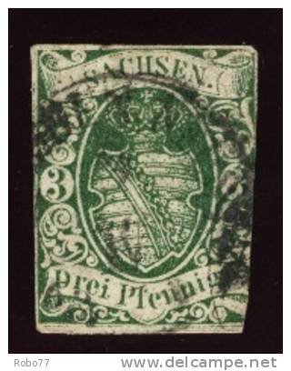 1851  Germany - Saxony Used Stamp. Scott Nr. 2. A2 3pf Green. Cat. 100 USD  (G68a001) - Sachsen