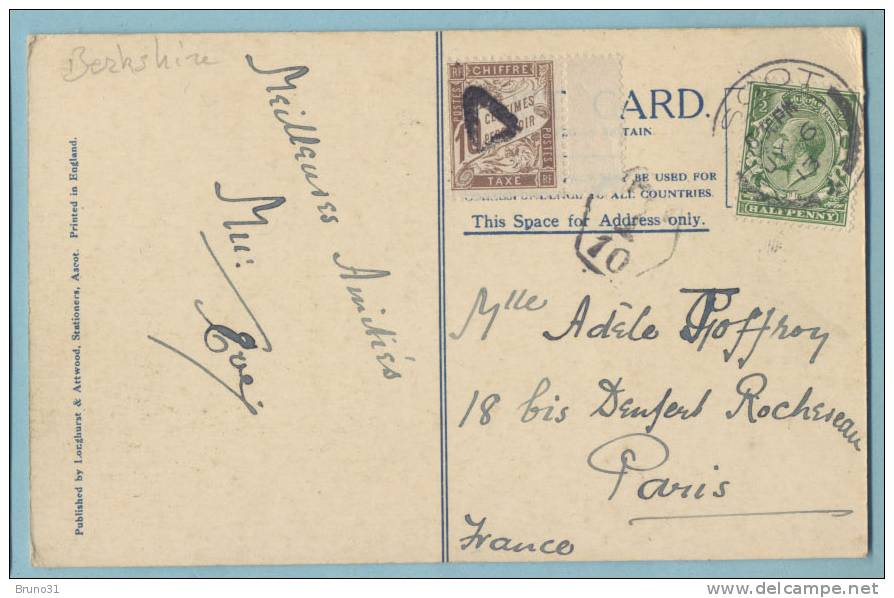 ASCOT : Wells Hill ; Year 1913 , Recto Verso . Carte Taxée Sans Raison . - Autres & Non Classés