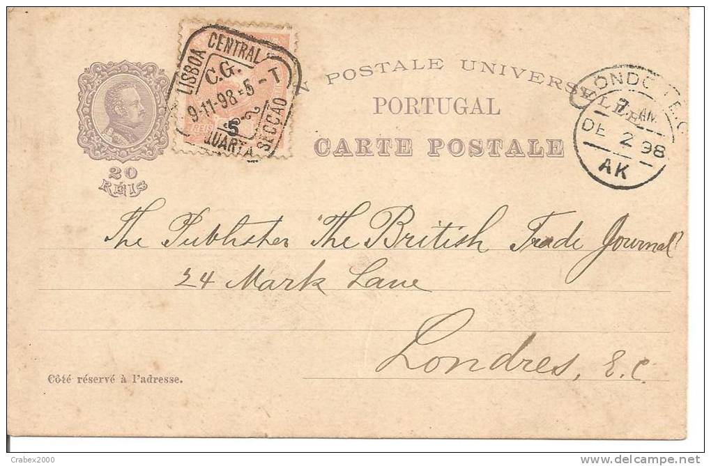 N° 125 LISBOA        Vers   LONDON       Le    09 NOVEMBRE 1898 - Briefe U. Dokumente