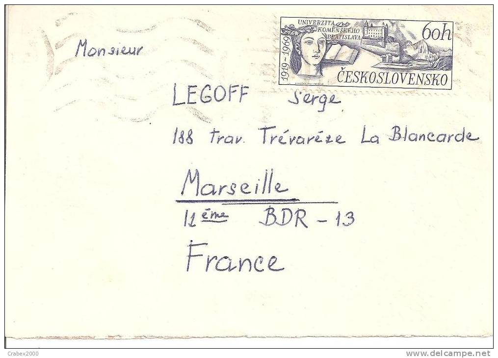 N°  TCHECOSLOVAQUIE Vers FRANCE                Le    1969 - Covers & Documents