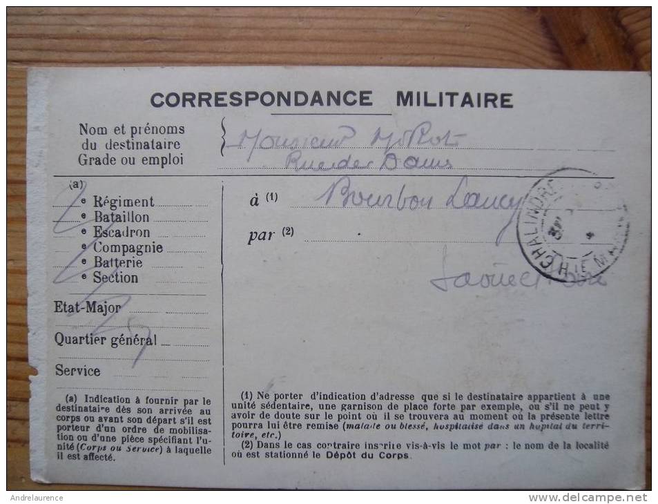 Carte De Corespondance Militaire  En Franchise  Pour Bourbon Lancy - Lettres & Documents