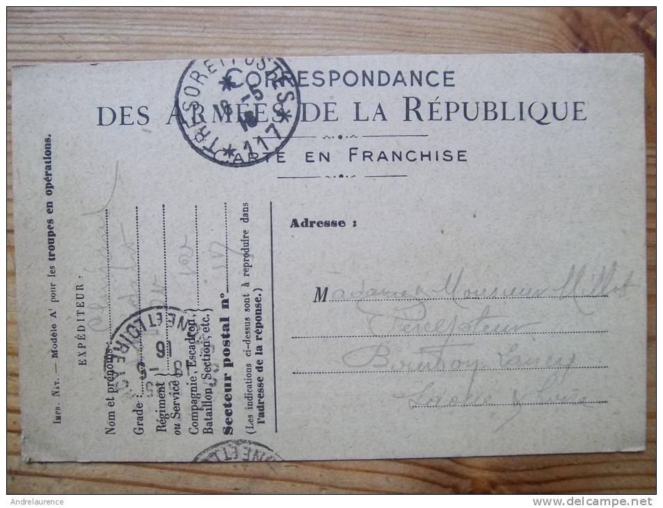 Carte De Corespondance Militaire  En Franchise  Pour Bourbon Lancy - Lettres & Documents