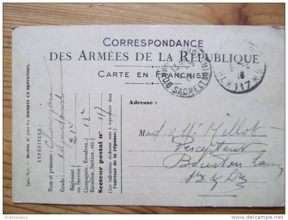 Carte De Corespondance Militaire  En Franchise  Pour Bourbon Lancy - Lettres & Documents