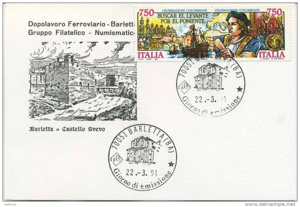 ITALIA - FDC  DOPOLAVORO FERROVIARIO BARLETTA  1991 - CELEBRAZIONI COLOMBIANE - IL PROGETTO - FDC