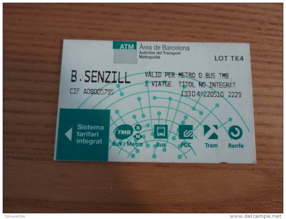 Ticket De Métro B.SENZILL, ATM Barcelone (Espagne) (type 2 - LOT TK4) - Europe