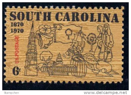 1970 USA SOUTH CAROLINA Stamp Sc#1407 Ship Cotton Tobacco Church State Flag - Tabacco