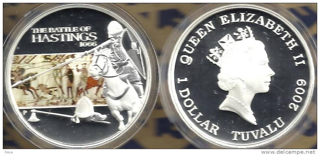 TUVALU $1 BATTLE OF HASTING 1066 HORSE ENGLAND COLOURED FRONT QEII BACK 2009 SILVER PROOF READ DESCRIPTION CAREFULLY !!! - Tuvalu