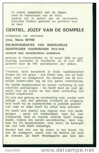 Doodsprentje Gentiel Van De Sompele Oostrozebeke 1894 - Oostkerke 1971 - Burgemeester Westkapelle - Religión & Esoterismo