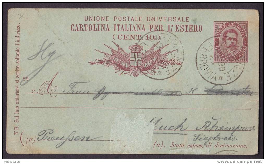 Italy Postal Stationery Ganzsache Intero Dieci Centesimi Umberto I. Per L'Estero FIRENZE 1890 To Preussen (2 Scans) - Stamped Stationery