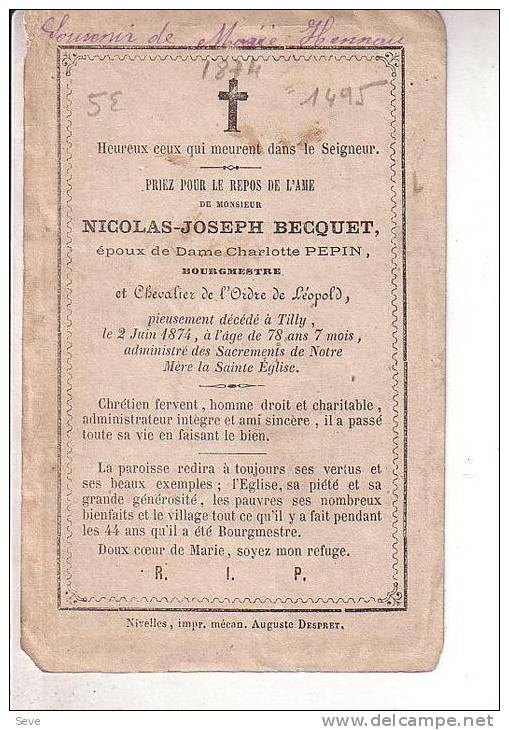 TILLY Villers-la-Ville Nicolas BECQUET époux PEPIN Bourgmestre 1796-1874 Souvenir Mortuaire Doodsprentje - Devotieprenten