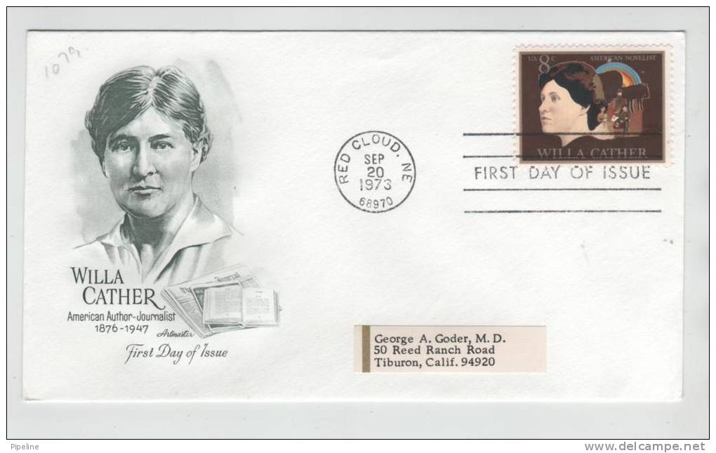 USA FDC 20-9-1973 Willa Cather With Artmaster Cachet And Address - 1971-1980