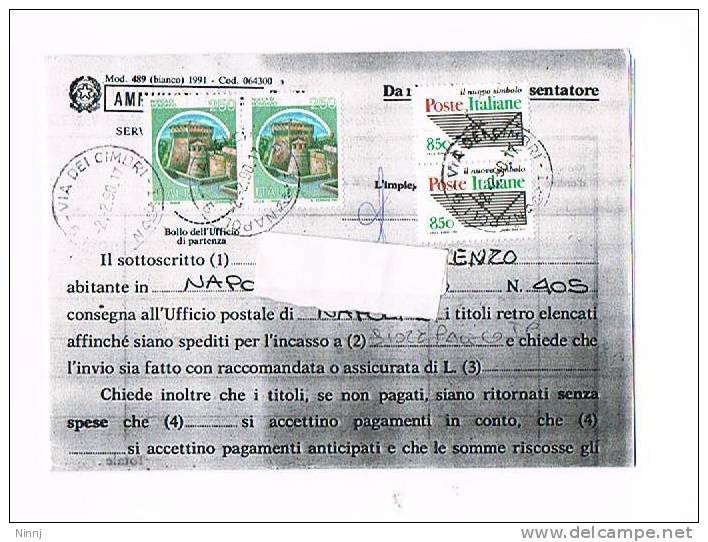 Italia Storia Postale Mod.489  2.2.90 Napoli Timbro Postale Non Compatibile Con 2 Valori Emessi 1995 2 X £.850+2x£.250 - Plaatfouten En Curiosa