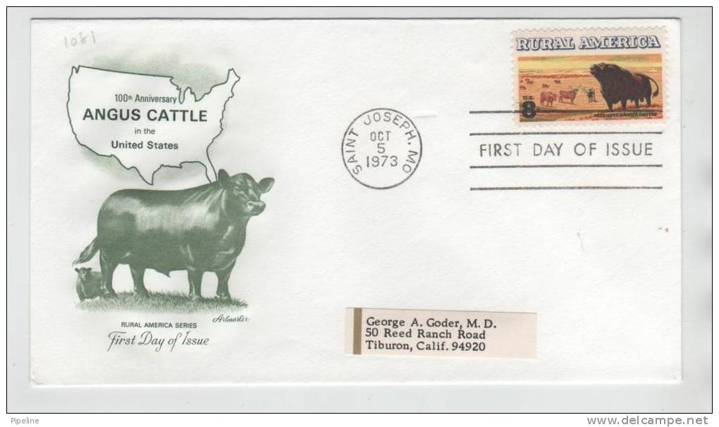 USA FDC 5-10-1973 Rural America Angus Cattle With Artmaster Cachet And Address - 1971-1980