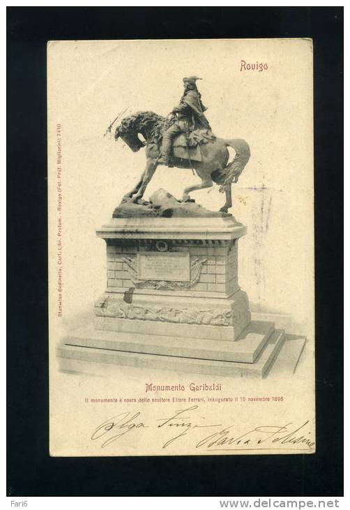 T0036 CARTOLINA ILLUSTRATA  ROVIGO MONUMENTO GARIBALDI FP.  V.  1901 - Rovigo