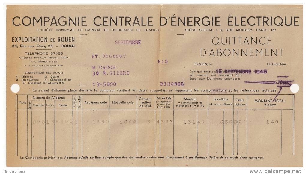 Facture Compagnie Centrale D'Energie Electrique - Elektriciteit En Gas