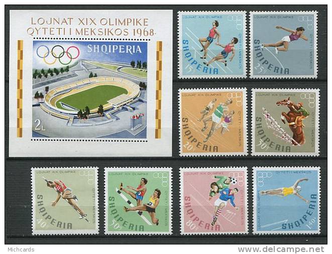 ALBANIE 1968 - Jeux Olympiques Mexico (Stade Disque Hippisme ...) Serie Et Bloc Neuf Sans Charniere (Yvert 1125/32 BF 9) - Albania