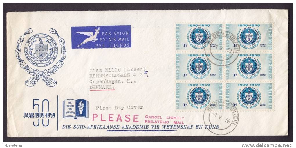 South Africa Airmail Par Avion Per Lugpos Label 1959 FDC Cover 6-Block Akademie Für Kunst Und Wissenschaften - FDC