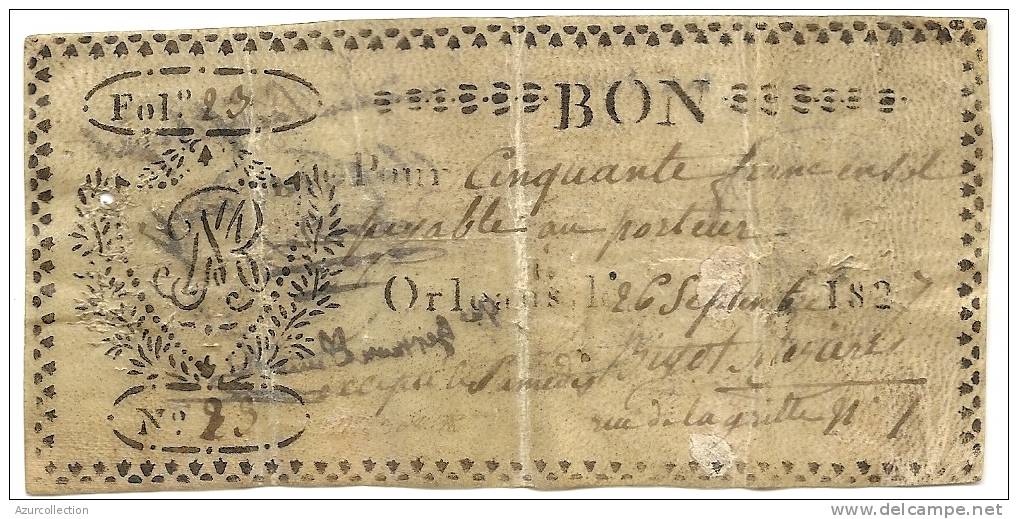 BON POUR 50 SOL .ORLEANS 1827 . PARCHEMIN - Bons & Nécessité