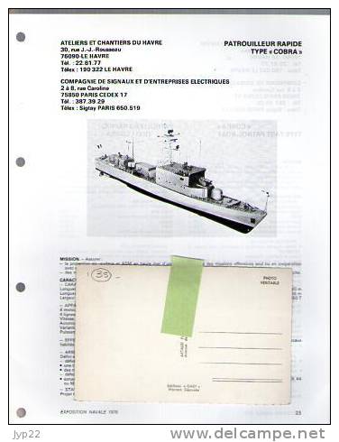 Fiche Marine Nationale Bateau De Guerre Patrouilleur Rapide Type Cobra - Beaucoup D'indications - Barcos