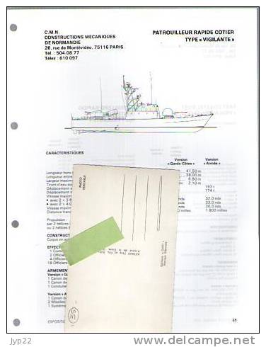 Fiche Marine Nationale Bateau De Guerre Patrouilleur Rapide Cotier Type Vigilante - Beaucoup D'indications - Boats