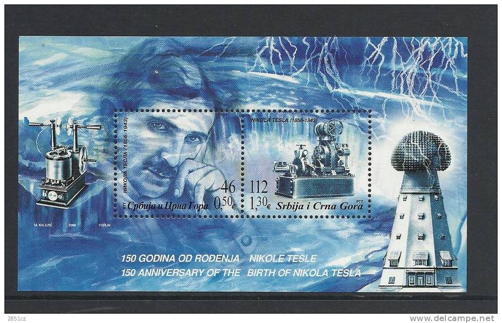 150th ANNIVERSARY OF BIRTH NIKOLA TESLA, 2006., Serbia And Montenegro, Block - Elektriciteit