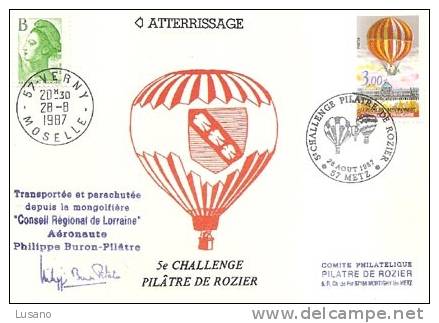 5ème Challenge Pilâtre De Rozier - 28-08-87 à Metz - Carte Transportée Et Parachutée - Fesselballons