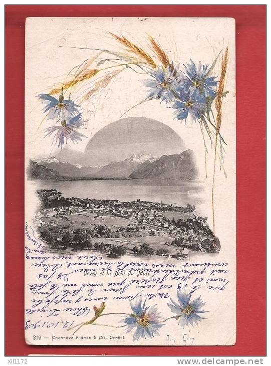 K832 RARE Litho Vevey Et Dent Du Midi, Bleuets Et épi De Blé.Précurseur.Cachets Cheserex Et Gingins 1900 - Chéserex