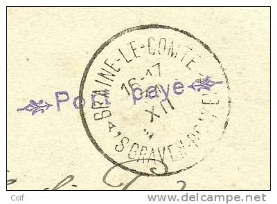 Kaart Met Stempel BRAINE-LE-COMTE / 'S GRAVEN-BRAKEL Met Griffe De Fortune PORT PAYE In Violet - Noodstempels (1919)