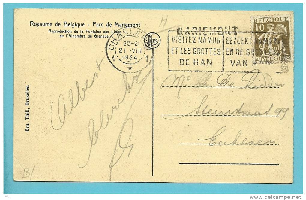 337 Op Kaart Met Stempel CHARLEROI , Met Naamstempel (griffe D'origine) MARIEMONT - 1932 Ceres And Mercurius