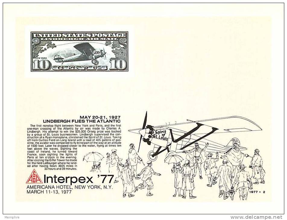 ASDA Philatelic Exhibiton Souvenir Card   INTERPEX   '77  Lindbergh Flies The Atlantic - Recordatorios