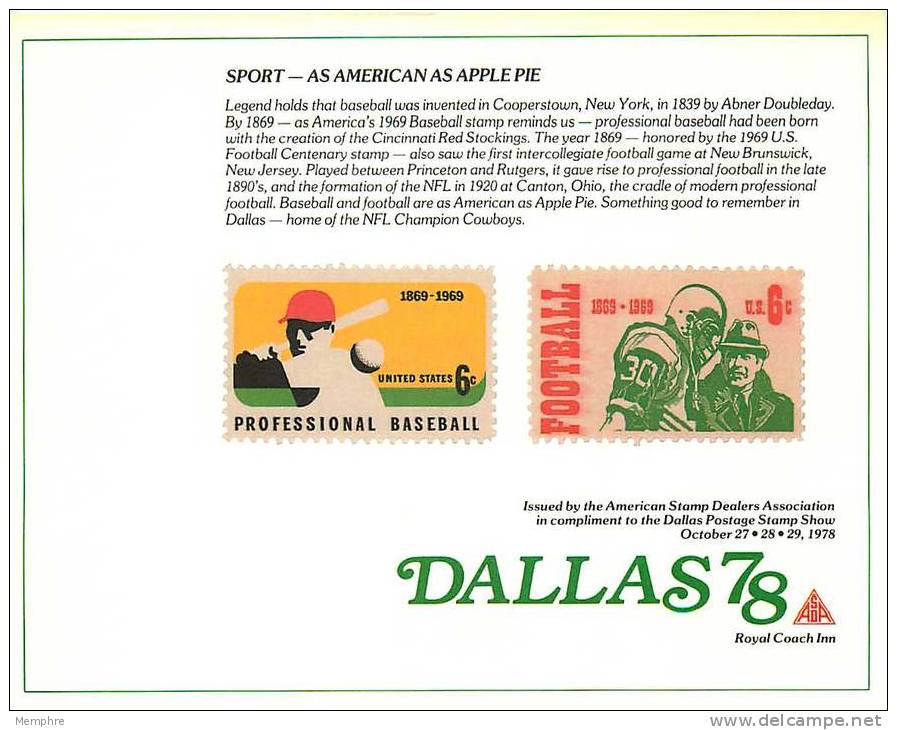 ASDA Philatelic Exhibiton Souvenir Card   DALLAS  '78    Baseball And Football - Souvenirkaarten