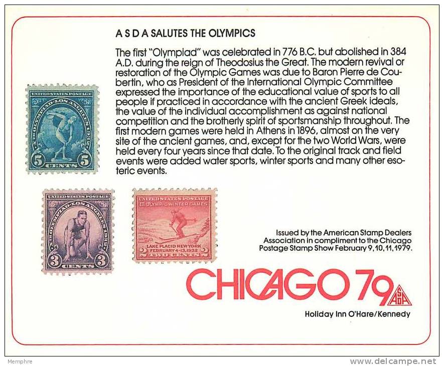 ASDA Philatelic Exhibiton Souvenir Card   CHICAGO '79   Olympics - Souvenirkarten