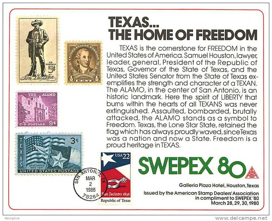 ASDA Philatelic Exhibiton Souvenir Card   SWEPEX '80   Texas, The Home Of Freedom - Souvenirs & Special Cards