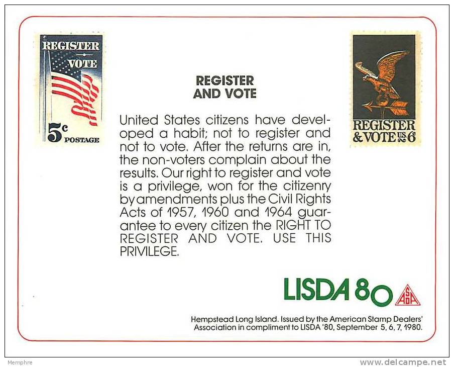 ASDA Philatelic Exhibiton Souvenir Card   LISDA '80    Register And Vote - Cartoline Ricordo