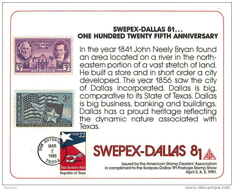 ASDA Philatelic Exhibiton Souvenir Card  SWEPEX-DALLAS  '81 - Souvenirs & Special Cards