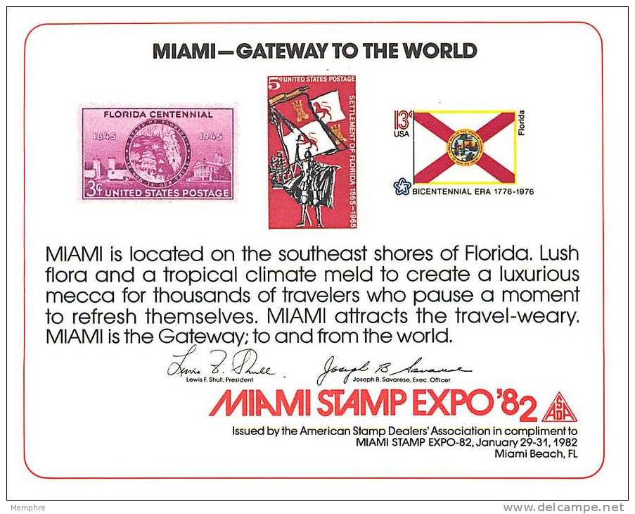 ASDA Philatelic Exhibiton Souvenir Card   MIAMI STAMP EXPO  '82  Gateway To The World - Cartoline Ricordo