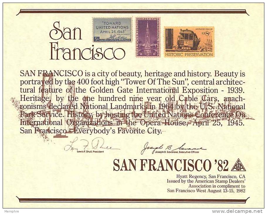 ASDA Philatelic Exhibiton Souvenir Card   SAN FRANCISCO  '82 - Souvenirs & Special Cards