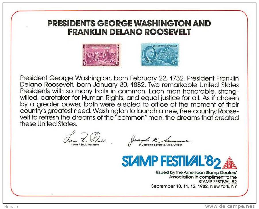 ASDA Philatelic Exhibiton Souvenir Card   STAMP FESTIVAL  '82   Washington And Roosevelt - Souvenirkarten