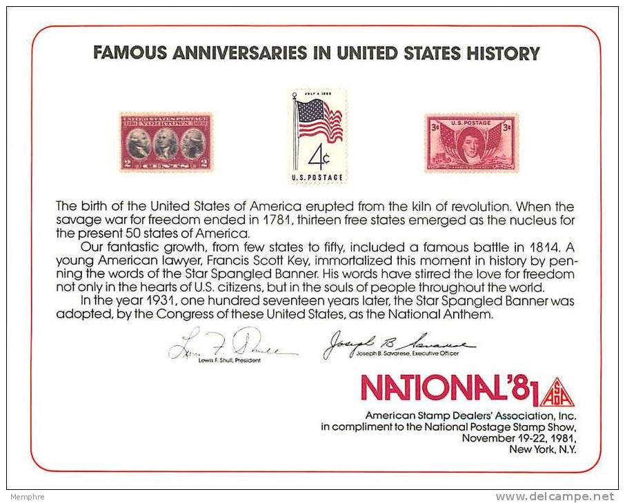 ASDA Philatelic Exhibiton Souvenir Card   NATIONAL '81   US History - Recordatorios