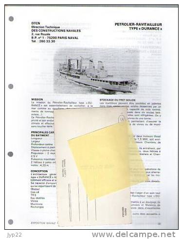 Fiche Marine Nationale Bateau De Guerre Pétrolier Ravitailleur Type Durance - Beaucoup D'indications - Schiffe