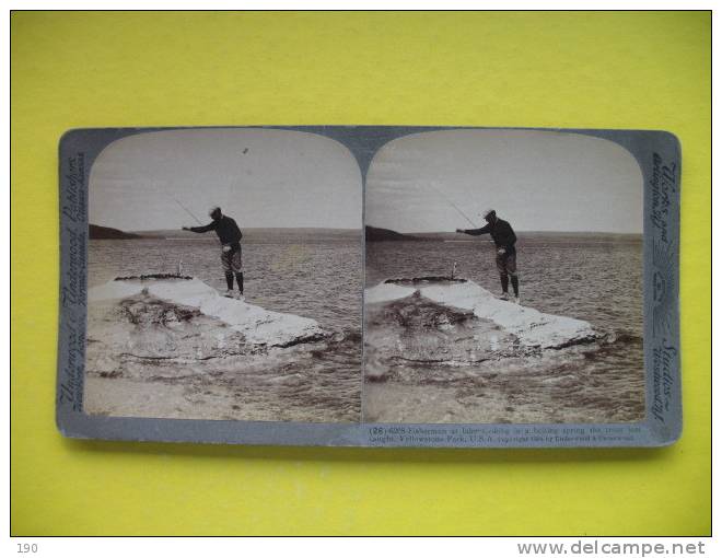 Fisherman At Lake Cooking In A Boiling Spring The Trout Just Caught,Yellowstone Park,USA - Stereoscope Cards