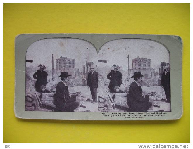 No.7 Looking East From Corner Pine And Stockton.This Plate Shows The Ruins Of The Mills Building - Stereoscope Cards