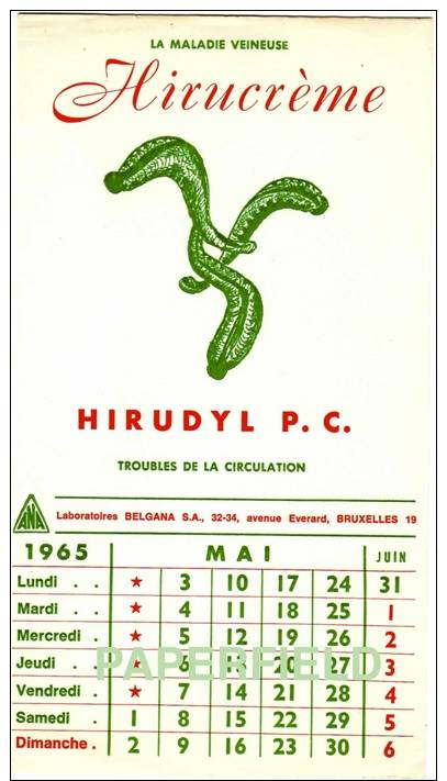 Buvard - "HIRUCRèME" HIRUDYL P.C. - Laboratoires BELGANA S.A. - Calendrier Mai 1965 - Chemist's