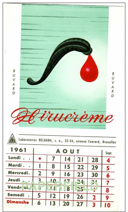 Buvard - "HIRUCRèME"  - Laboratoires BELGANA S.A. - Calendrier Août 1961 - Chemist's