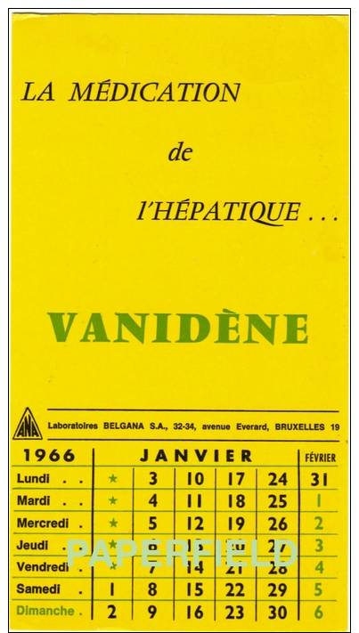 Buvard - "VANIDèNE"  - Laboratoires BELGANA S.A. - Calendrier  Janvier 1966 - Chemist's