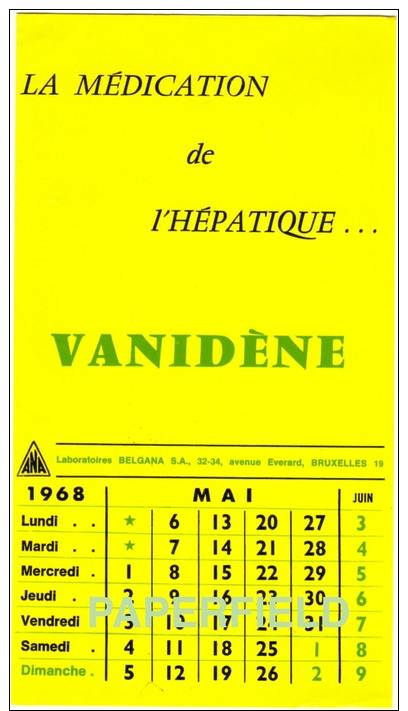 Buvard - "VANIDèNE"  - Laboratoires BELGANA S.A. - Calendrier  Mai 1968 - Chemist's